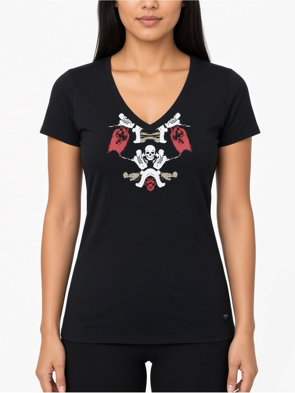 G-Star Black V-Neck Skull Graphic Tee with Red Accents XS NWT